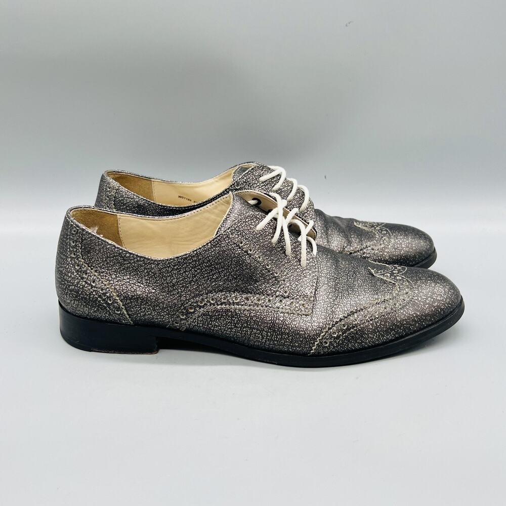 Cole Haan Shoes Womens 8.5 Silver Leather Wingtip Oxford Dress‎ Flats Lace Up